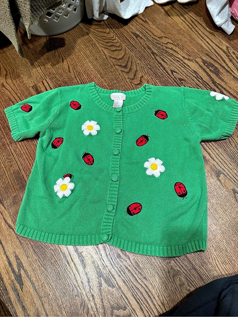Mandal Bay Green Ladybug Daisy Knit Short Sleeve Cardigan XL
